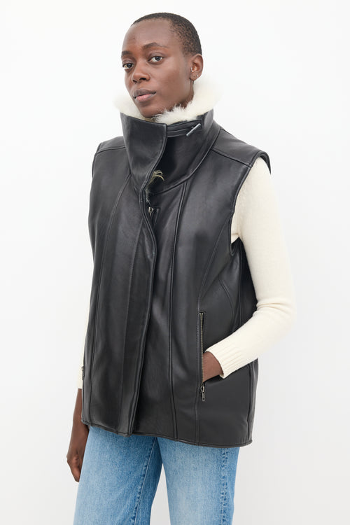 Helmut Lang Black 
Cream Leather Shearling Vest