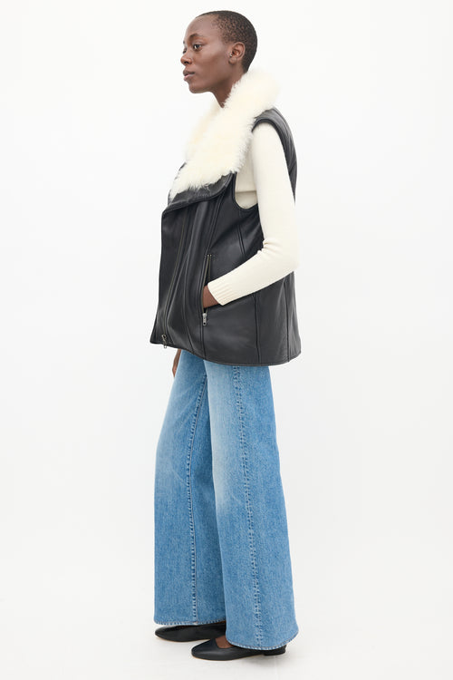 Helmut Lang Black 
Cream Leather Shearling Vest