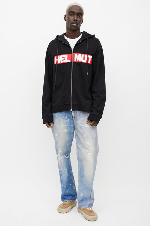 Helmut Lang Black 
Red Logo Zip Up Hoodie