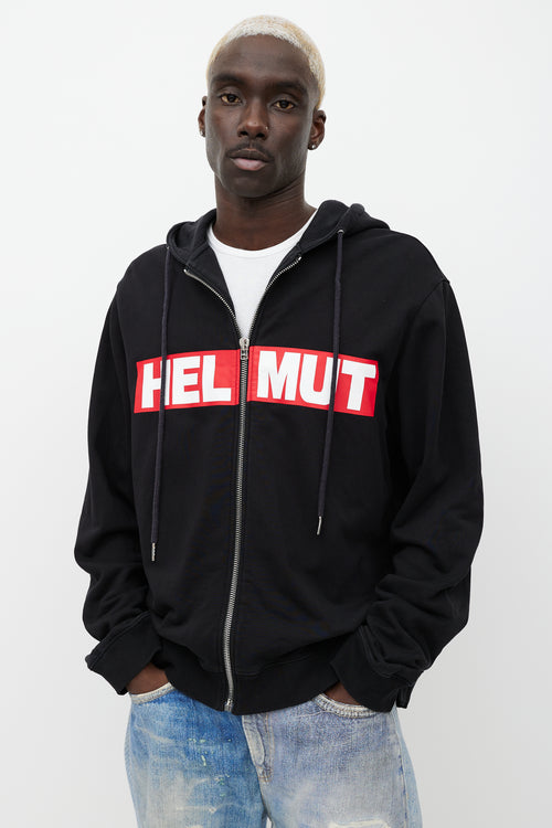 Helmut Lang Black 
Red Logo Zip Up Hoodie