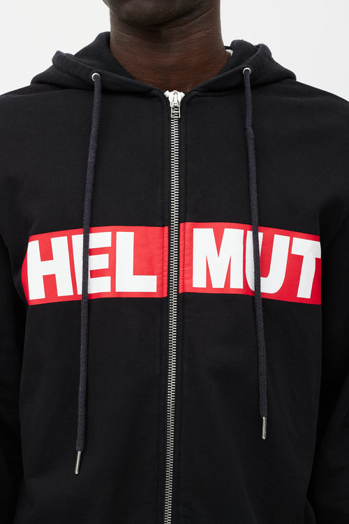 Helmut Lang Black 
Red Logo Zip Up Hoodie