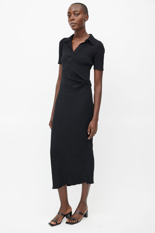 Helmut Lang Black Ribbed Knit Gathered Dress