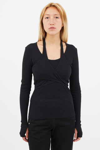 Helmut Lang Black Ribbed Tie Wrap Top