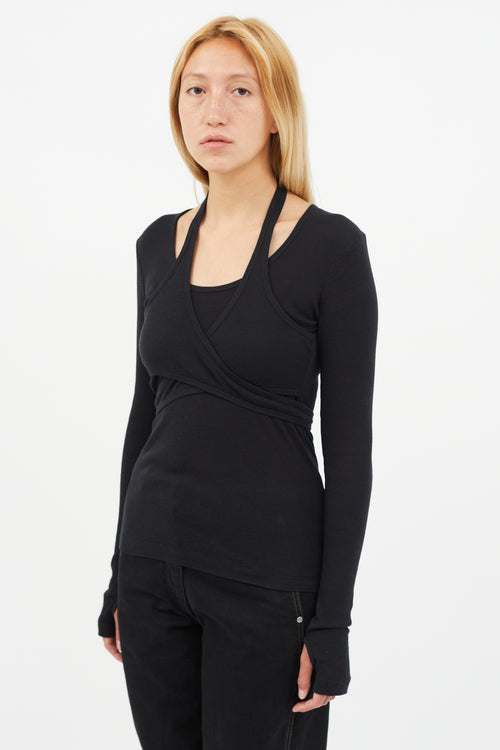 Helmut Lang Black Ribbed Tie Wrap Top