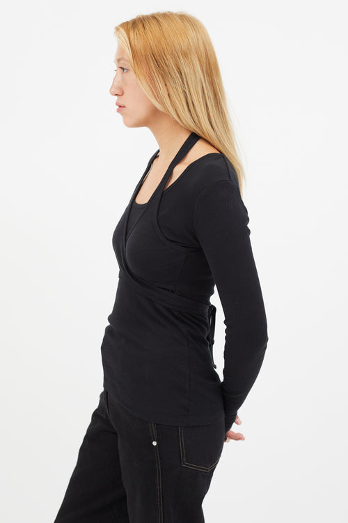 Helmut Lang Black Ribbed Tie Wrap Top