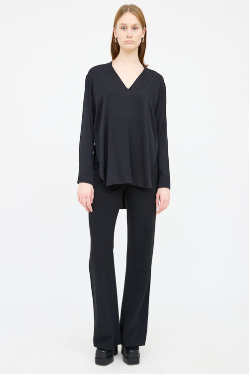 Helmut Lang Black Silk V Neck Hi Low Top