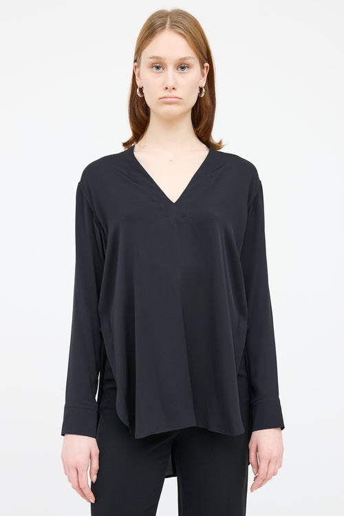 Helmut Lang Black Silk V Neck Hi Low Top