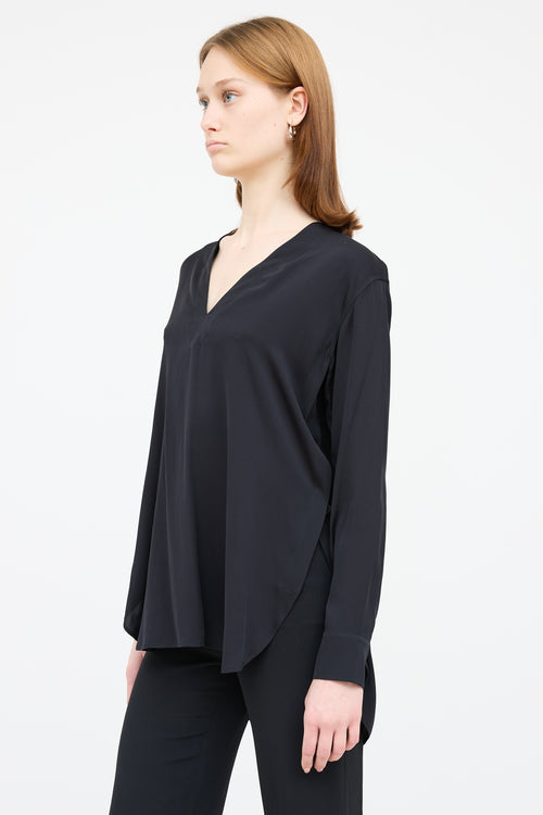 Helmut Lang Black Silk V Neck Hi Low Top