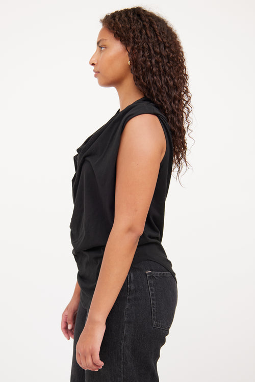 Helmut Lang Black Draped Short Sleeve Top