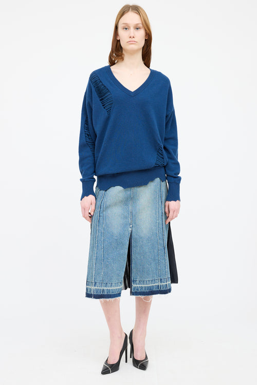 Helmut Lang Blue Wool Knit Distressed Sweater