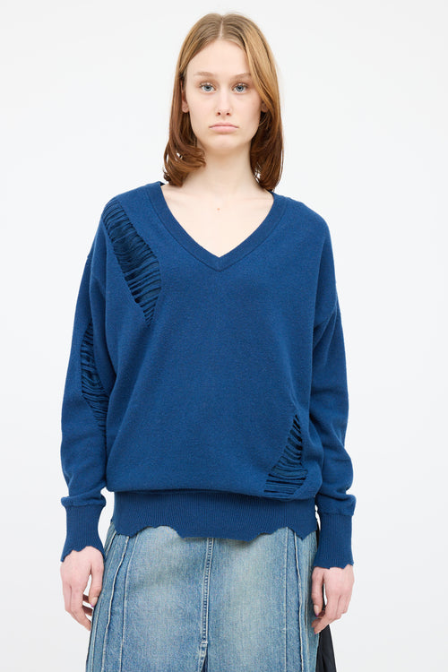 Helmut Lang Blue Wool Knit Distressed Sweater