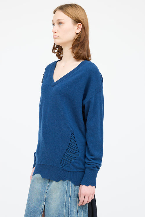 Helmut Lang Blue Wool Knit Distressed Sweater