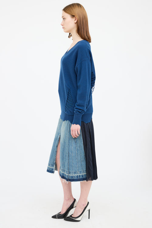 Helmut Lang Blue Wool Knit Distressed Sweater