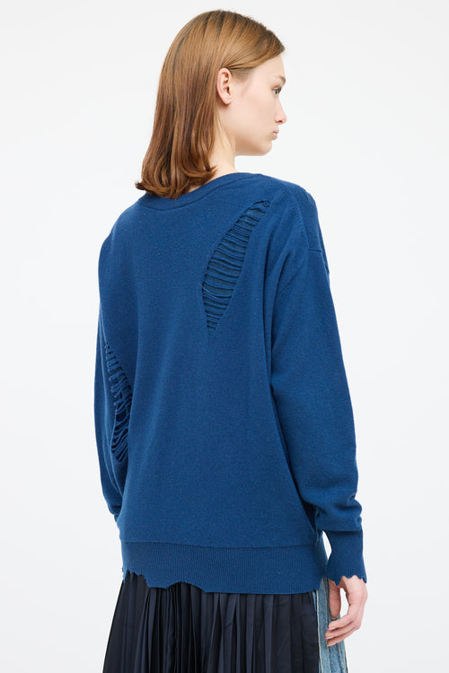 Helmut Lang Blue Wool Knit Distressed Sweater