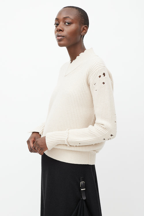 Helmut Lang Cream Distressed Wool Ribbed Sweater