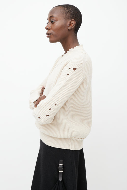 Helmut Lang Cream Distressed Wool Ribbed Sweater