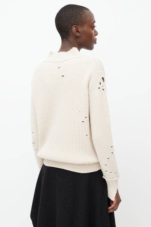 Helmut Lang Cream Distressed Wool Ribbed Sweater