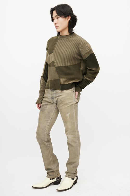 Helmut Lang Green Patchwork Ribbed Sweater