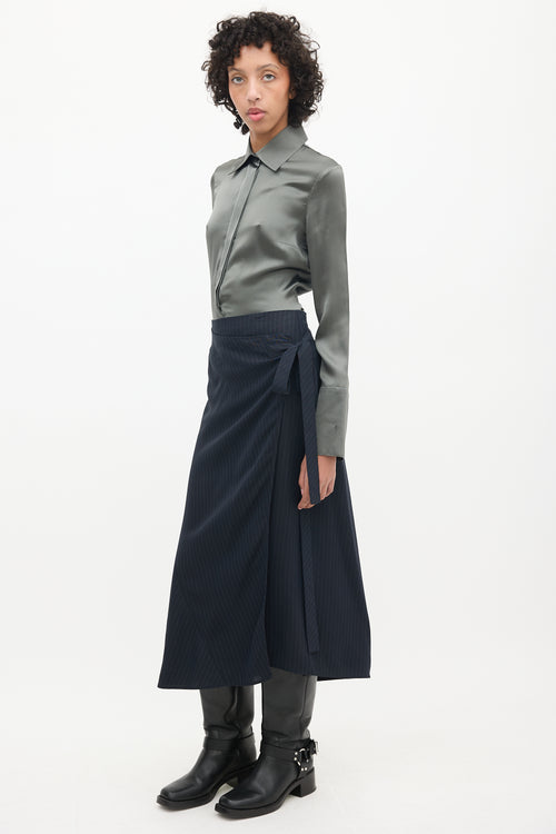 Helmut Lang Navy 
White Pinstripe Wrap Skirt