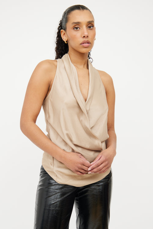 Helmut Lang Beige Draped Satin Sleeveless Top