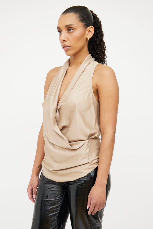 Helmut Lang Beige Draped Satin Sleeveless Top