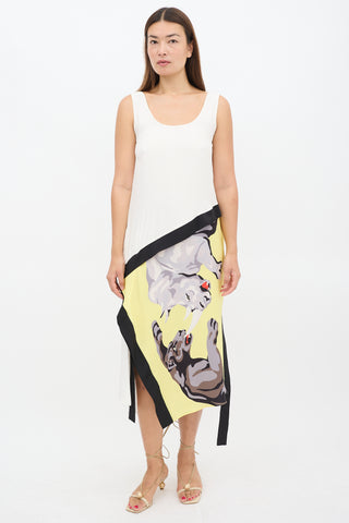 Helmut Lang White 
Muticolour Silk Asymmetric Printed Panel Dress