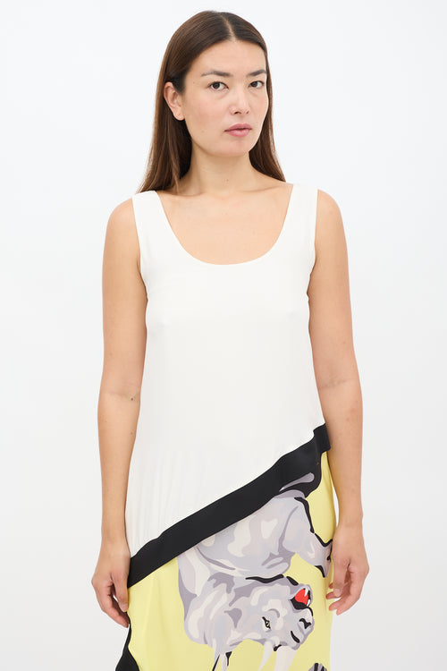 Helmut Lang White 
Muticolour Silk Asymmetric Printed Panel Dress