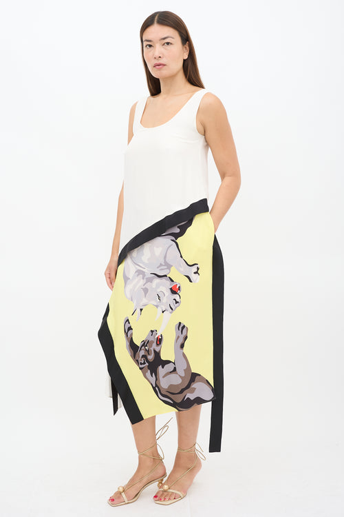 Helmut Lang White 
Muticolour Silk Asymmetric Printed Panel Dress