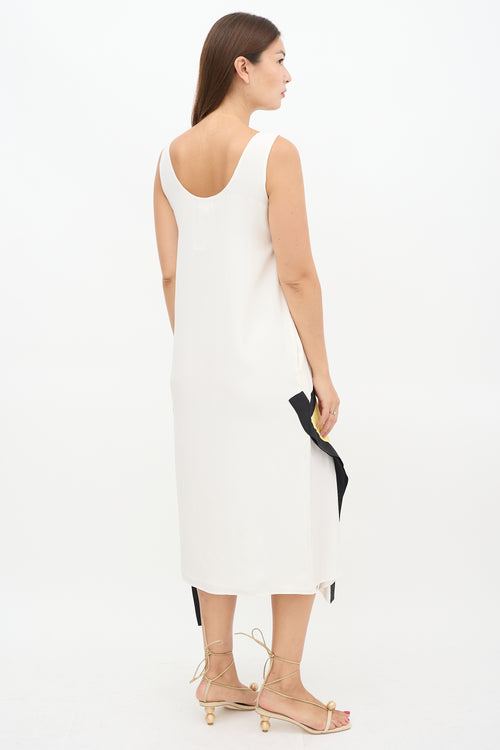 Helmut Lang White 
Muticolour Silk Asymmetric Printed Panel Dress