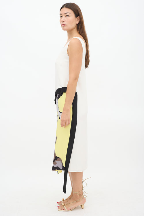 Helmut Lang White 
Muticolour Silk Asymmetric Printed Panel Dress