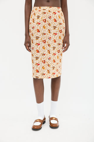 Hermès 1990s Orange 
Multicolour Cotton Seashell Mosaic Printed Skirt