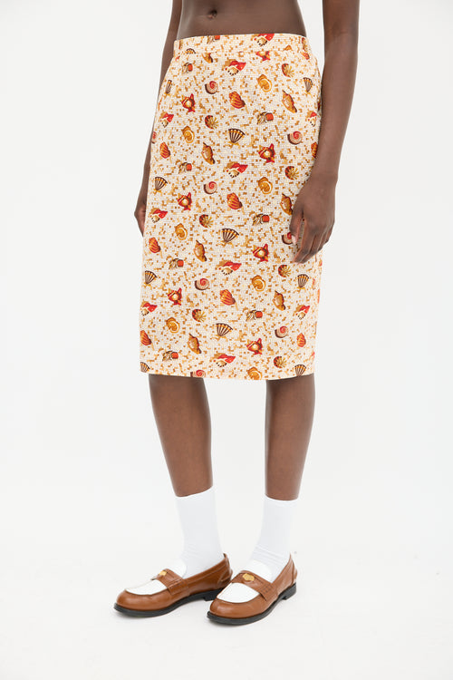 Hermès 1990s Orange 
Multicolour Cotton Seashell Mosaic Printed Skirt