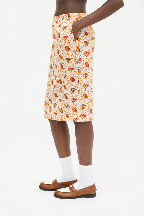 Hermès 1990s Orange 
Multicolour Cotton Seashell Mosaic Printed Skirt