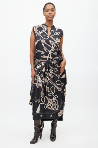 Hermès Black 
Brown Silk Les Cles Print Asymmetrical Dress