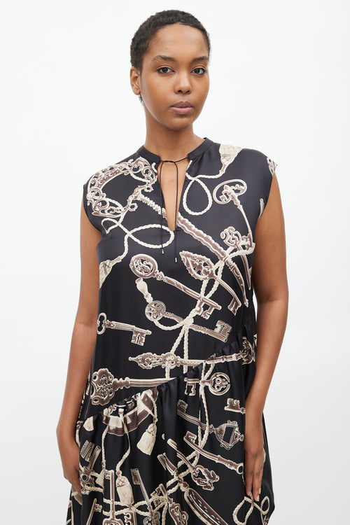 Hermès Black 
Brown Silk Les Cles Print Asymmetrical Dress