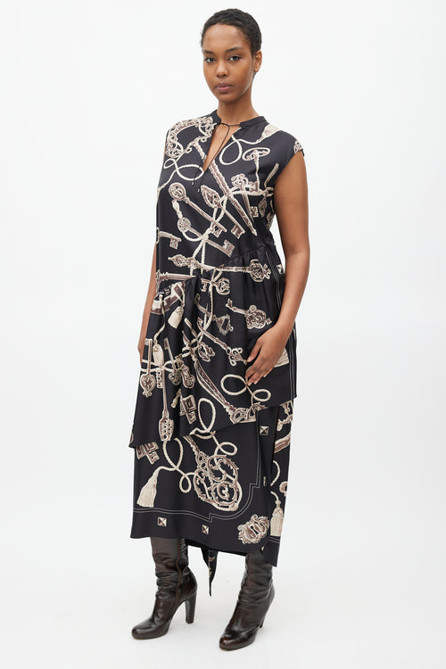 Hermès Black 
Brown Silk Les Cles Print Asymmetrical Dress