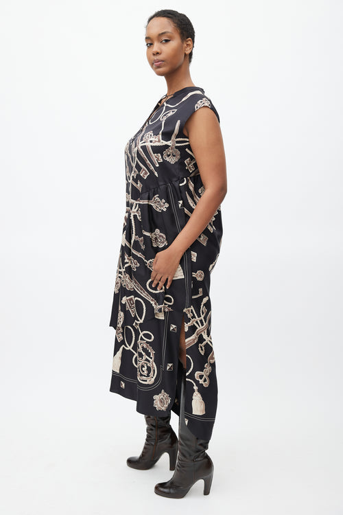 Hermès Black 
Brown Silk Les Cles Print Asymmetrical Dress