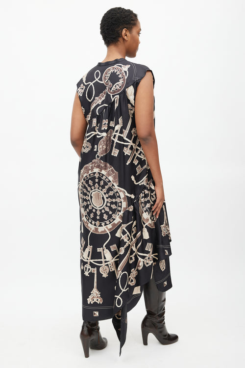 Hermès Black 
Brown Silk Les Cles Print Asymmetrical Dress