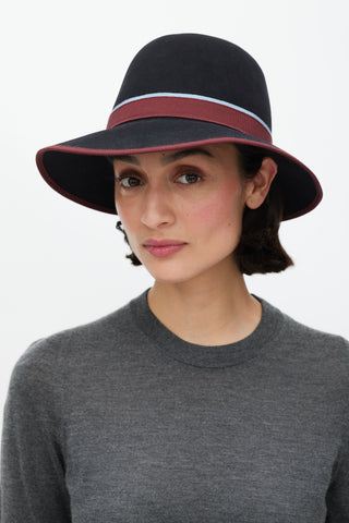 Hermès Black 
Burgundy Stripe Felt Bowler Fedora