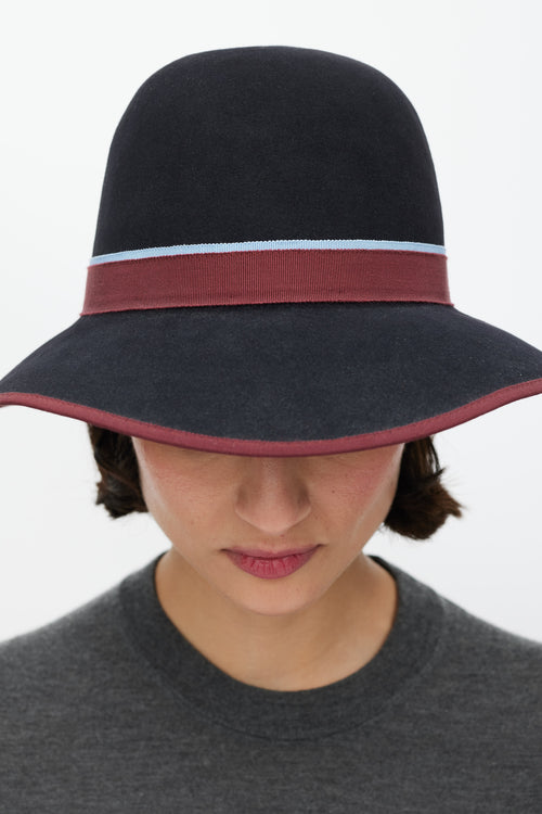 Hermès Black 
Burgundy Stripe Felt Bowler Fedora