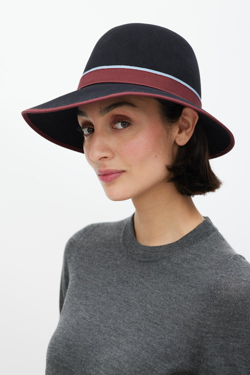 Hermès Black 
Burgundy Stripe Felt Bowler Fedora