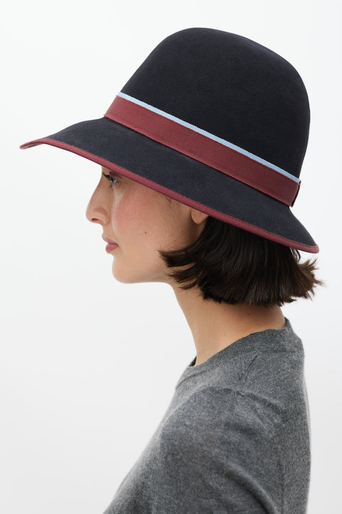 Hermès Black 
Burgundy Stripe Felt Bowler Fedora