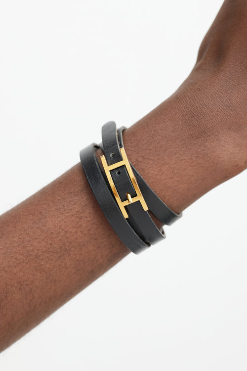 Hermès Black 
Gold Behapi Leather Wrap Bracelet