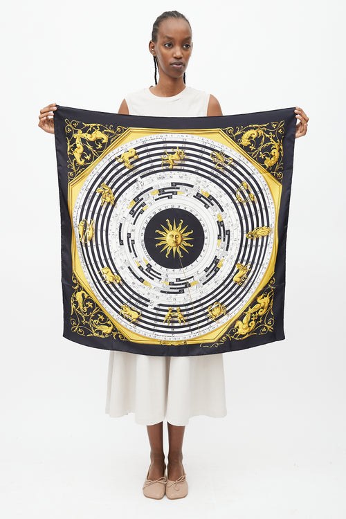 Hermès Black 
Gold Silk Astrologie Print 90 Scarf