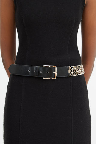 Hermès Black Leather 
Silver Chain Belt