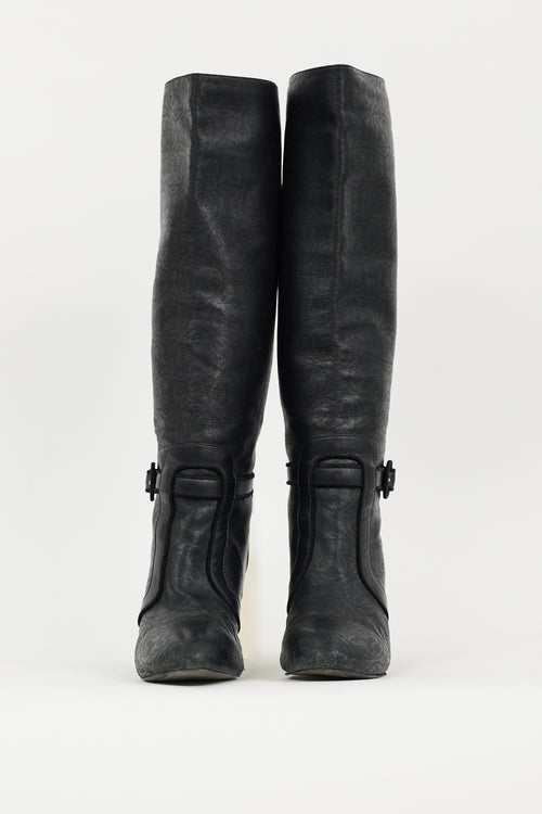 Hermès Black Leather Monogram Knee High Boot