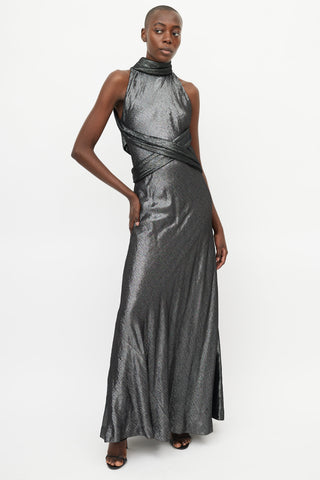 Hermès Black Metallic Criss Cross Halter Dress