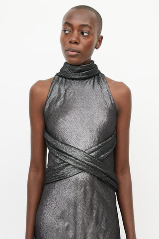 Hermès Black Metallic Criss Cross Halter Dress