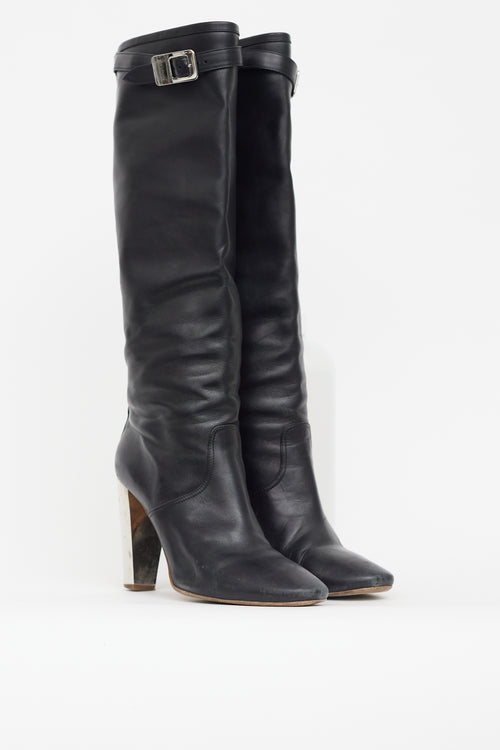 Hermès Black Leather Chrome Heel Boot