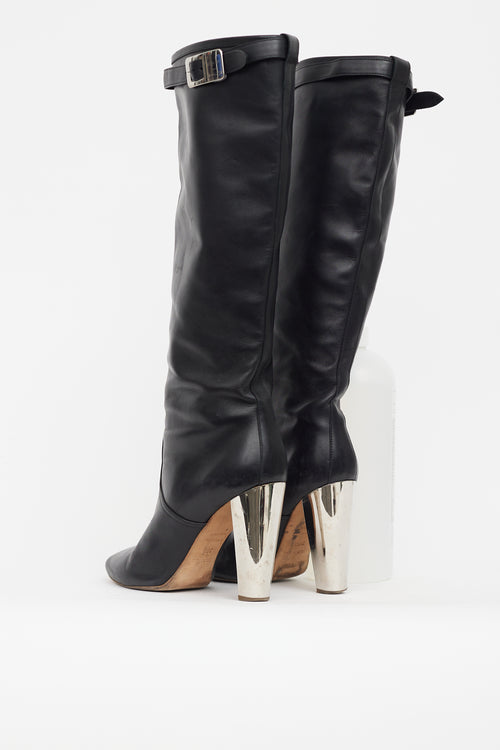 Hermès Black Leather Chrome Heel Boot